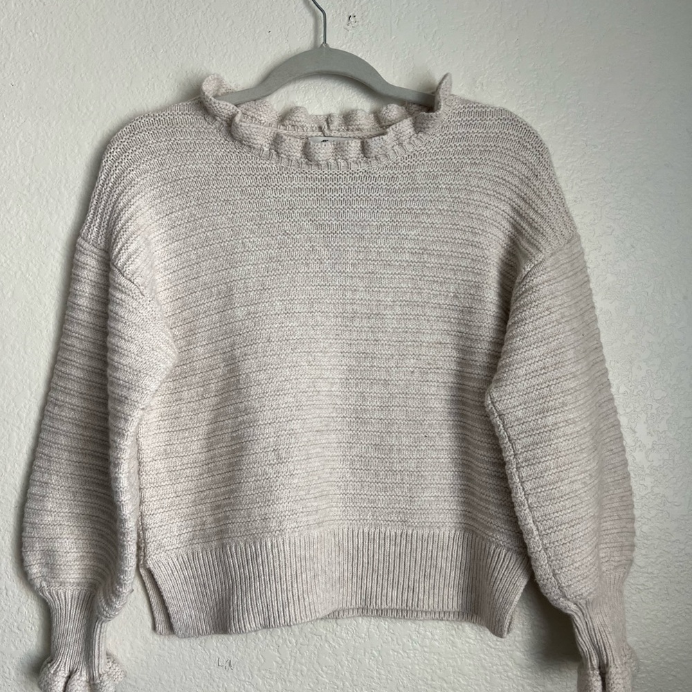 Madewell Ribbed Knit Ruffle Collar Sweater Neutral Cozy Gray